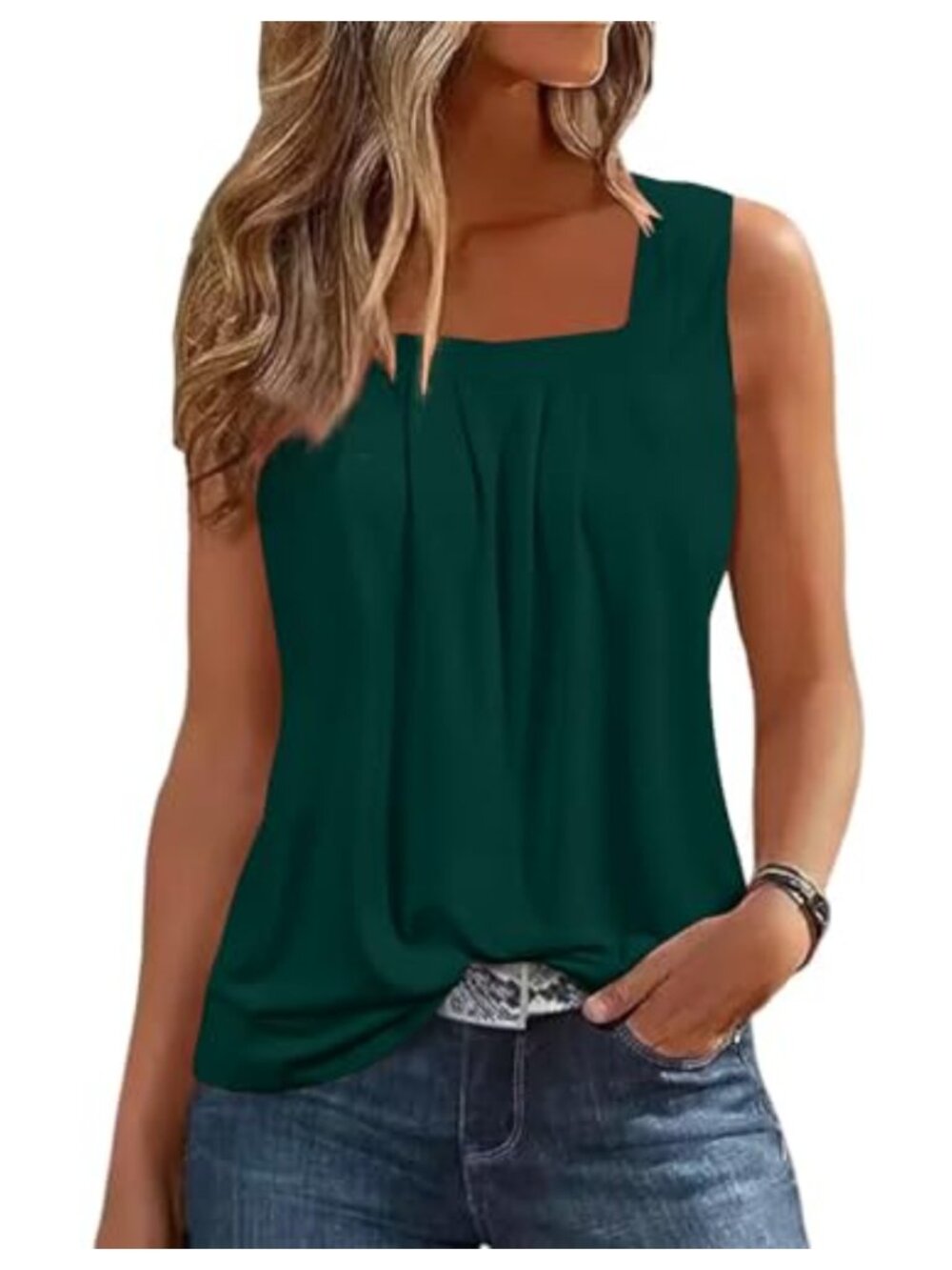 Women's Loose Fit Pleated Square Neck Sleeveless Tank Top Flowy Summer Shirt
